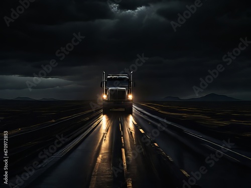 Un camión solitario avanza a toda velocidad por la oscura carretera, sus faros cortan la oscuridad photo