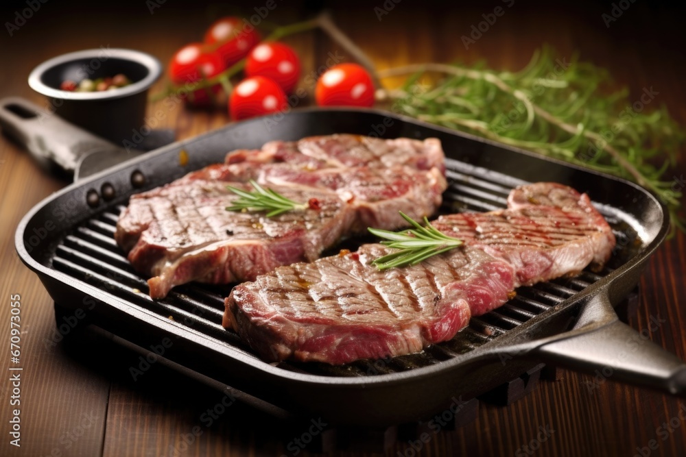 sizzling ribeye steak on a hot grill pan
