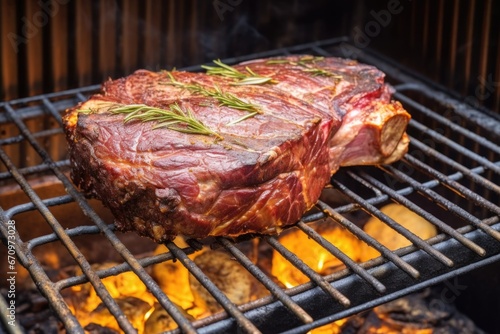 ribeye steak grilling on a smoker with hardwood