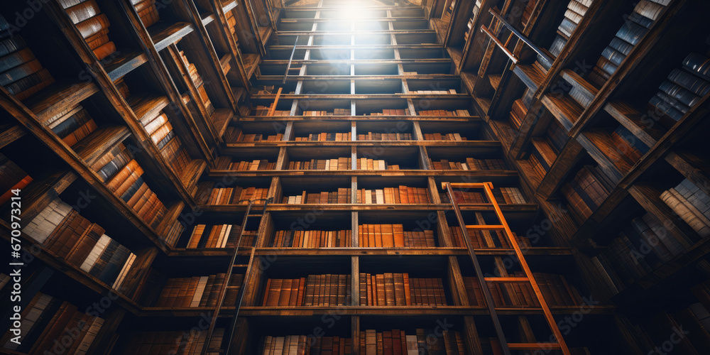 Endless shelves of books in old library Endless shelves of books in old library