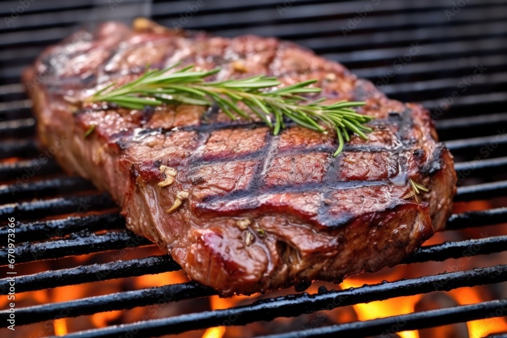 ribeye steak on a grill, close-up showing details