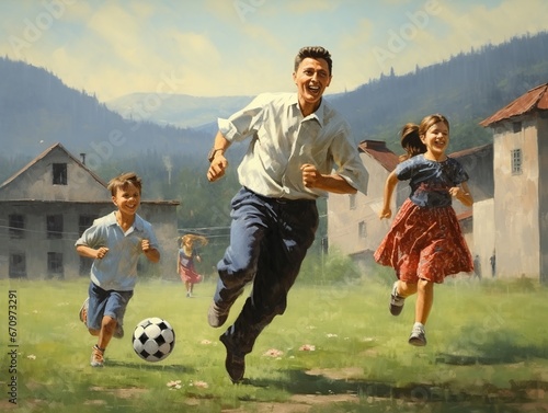 illustration of happy family playing soccer, Generative ai