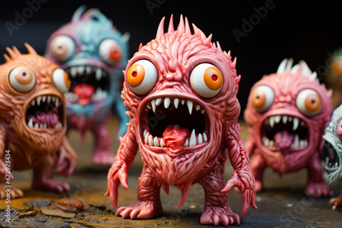 Group of toy monsters with big eyes and teeth on table.