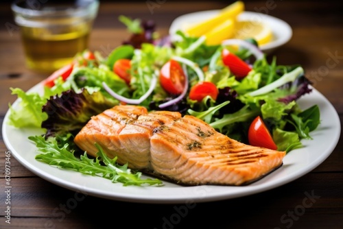 healthy grilled salmon steak with a green salad