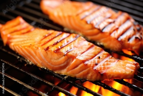 close-up shot of a juicy grilled salmon steak