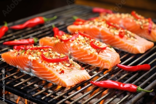 salmon on grill rack with red chili sprinkled on it
