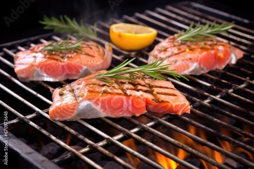 salmon steak with rosemary sprigs on barbecue