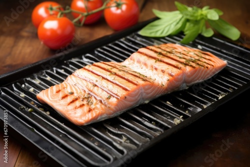salmon steak on a cast iron griddle, grill marks visible