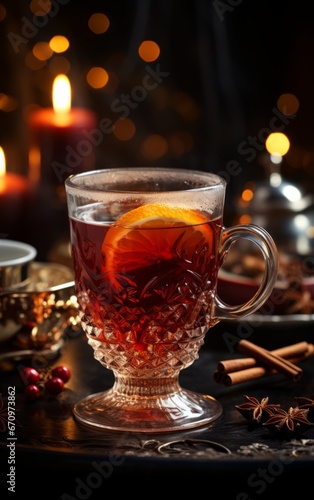 closeup glass of mulled wine with orange and cinnamon on dark black background, Christmas concept