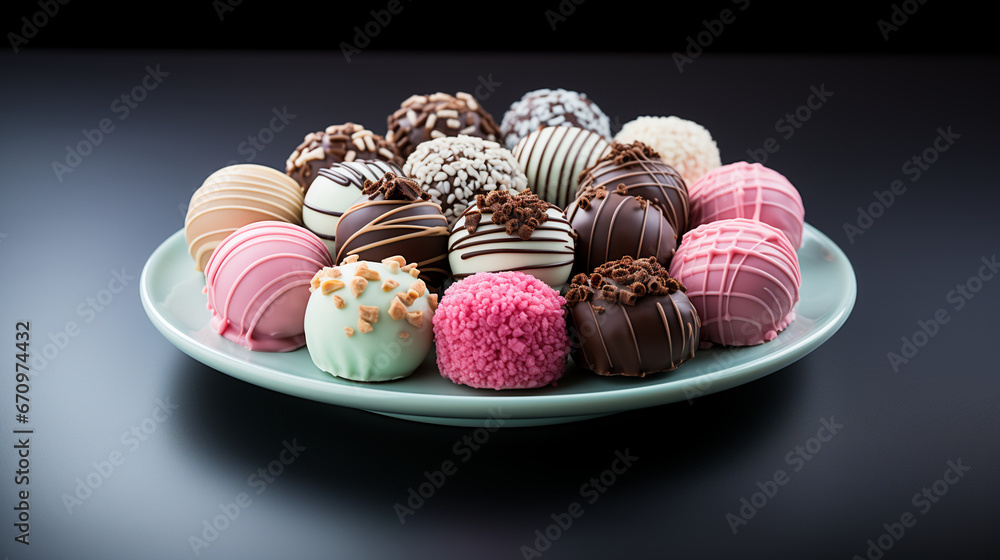 Sweet chocolate candies on plate on dark background. 