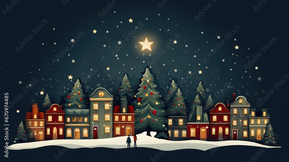 Fototapeta premium Cute Christmas houses in a row. Christmas New Year banner. Cozy winter scene illustration in vintage style 