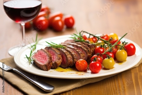medium-rare grilled sirloin steak garnished with cherry tomatoes