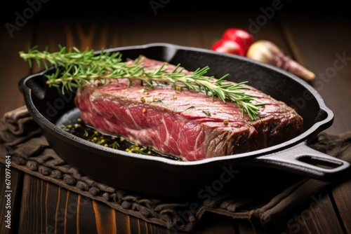 grilled sirloin steak on a black cast iron skillet
