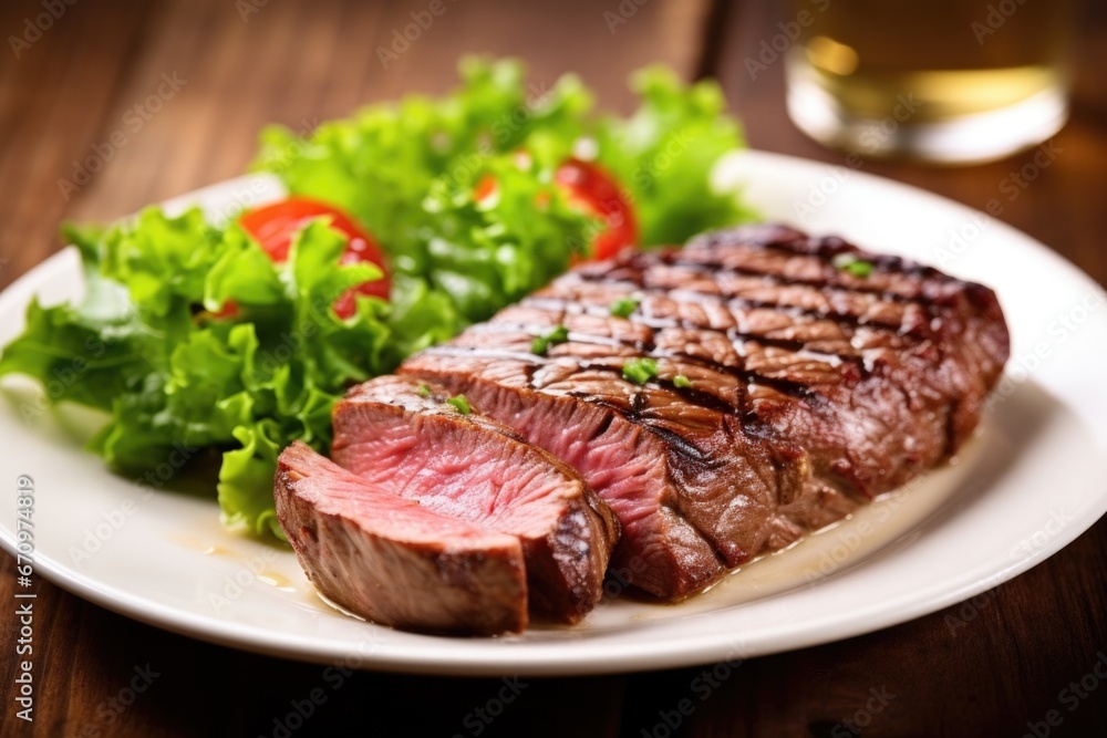 a juicy grilled sirloin steak on a bed of lettuce