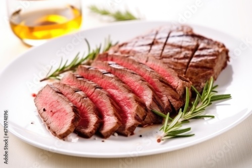 sliced grilled sirloin steak on a white plate