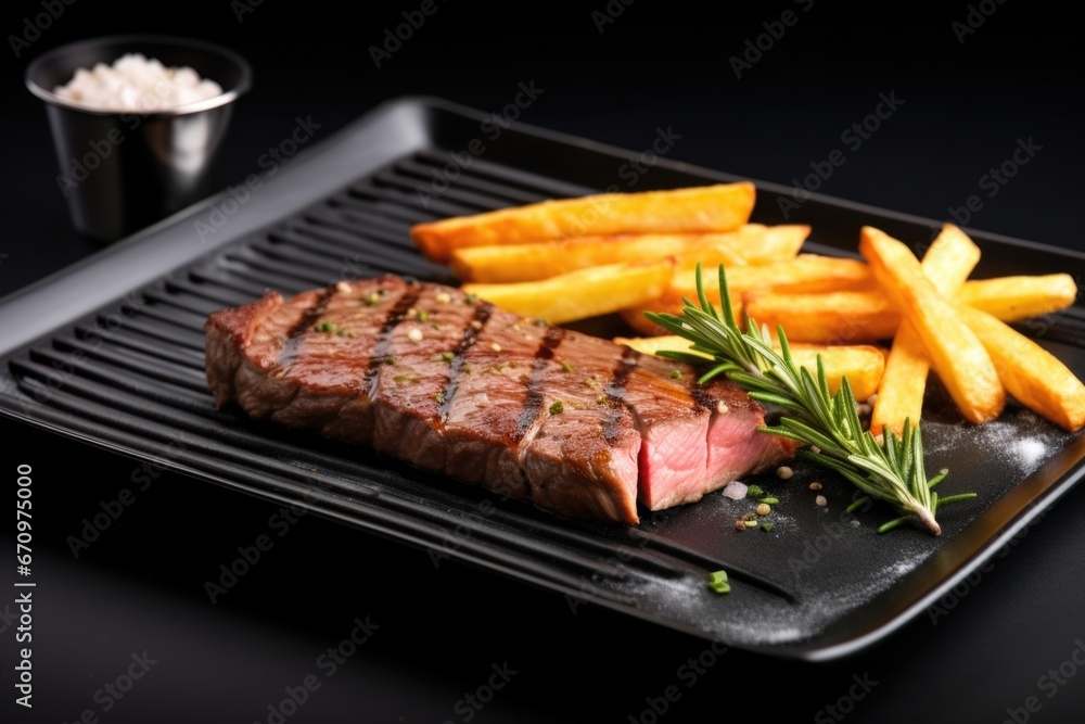 grilled sirloin steak served with french fries on a black plate
