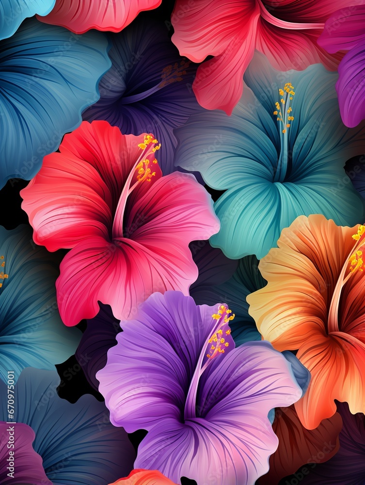 illustration of hibiscus flowers seamless pattern in 3d style color, Generative ai