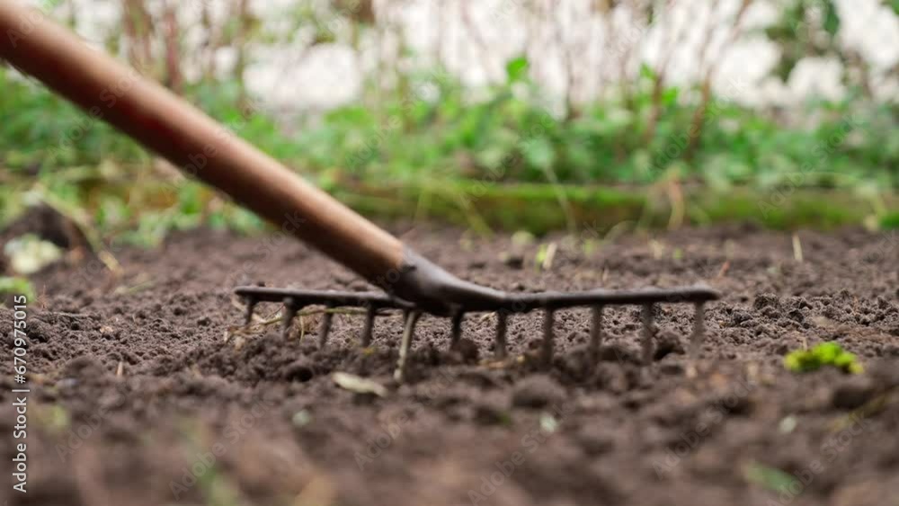 Metal rake leveling the ground close-up. A farmer prepares the soil before planting plants. 4k footage Metal rake leveling the ground close-up. A farmer prepares the soil before planting plants. 4k footage