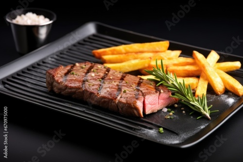 grilled sirloin steak served with french fries on a black plate