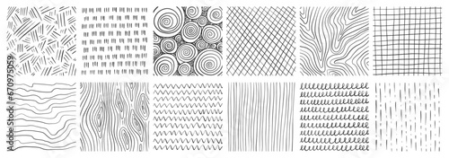 Set of hand drawn texture with different pencil patterns. Crosshatch, rain, wood, spiral and lines. Vector illustration on white background