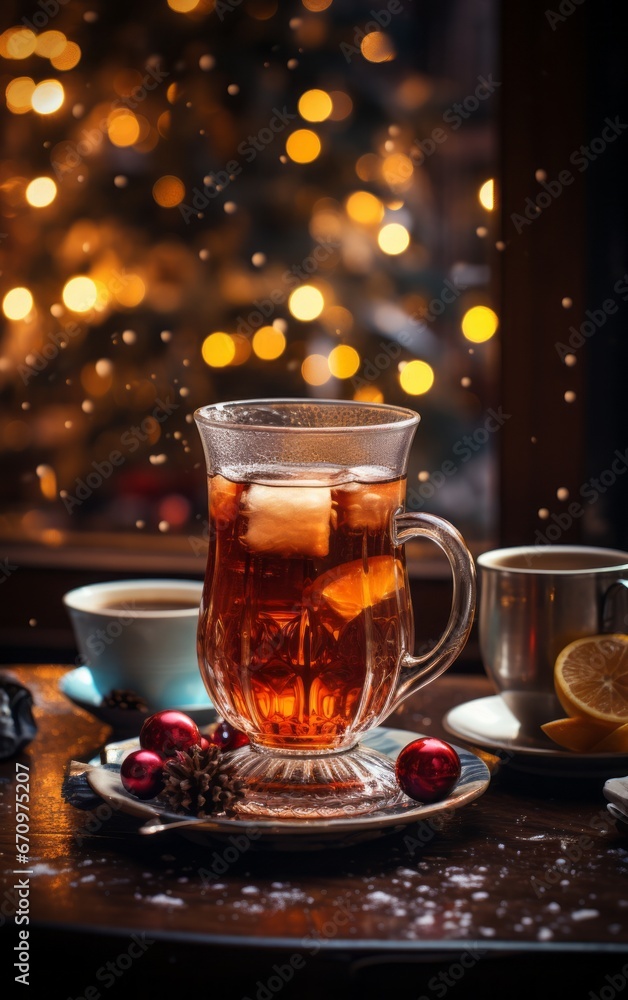Mulled red wine with spices and fruits on a wooden table. Traditional hot drink at Christmas Mulled red wine with spices and fruits on a wooden table. Traditional hot drink at Christmas