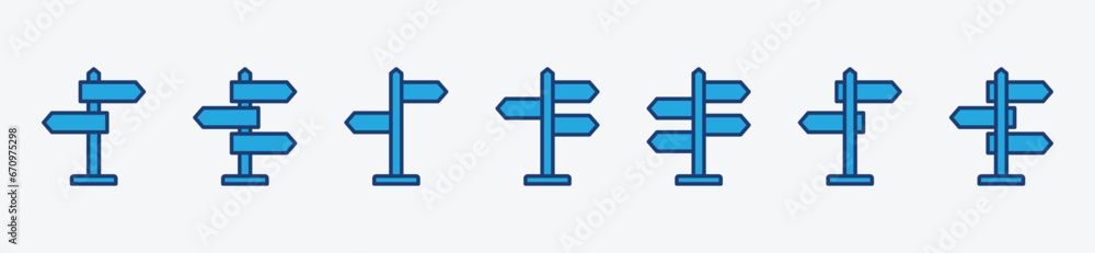 Direction board icon set. Three-way directional arrow sign and symbol. Street signpost, way sign, road direction icon. Vector illustration Direction board icon set. Three-way directional arrow sign and symbol. Street signpost, way sign, road direction icon. Vector illustration