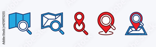 Map search icons set. Searching location, navigation, map pin. Map icon with location pin and magnifying glass icon symbol for apps and websites. Vector illustration