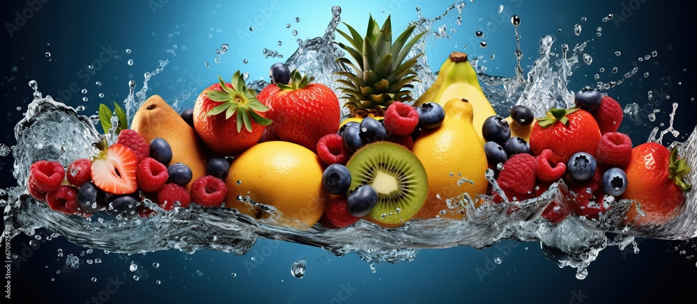 fresh fruits and water splash in the background fresh fruits and water splash in the background