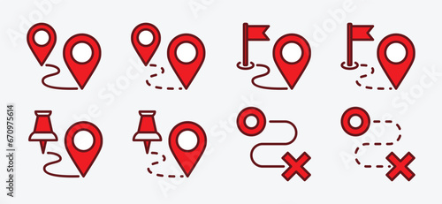 Distance and route icon set. Travel route, distance, roadmap, map icon symbol collection. Vector illustration