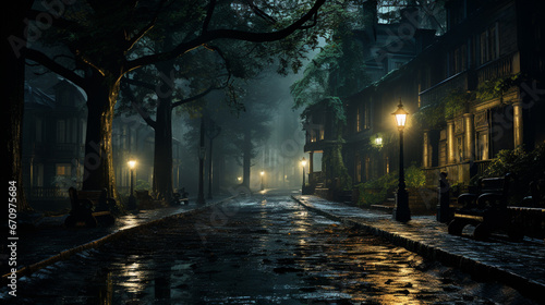 Twilight in a city park or forest. Thick fog over empty alleys. Foggy mystery. generative ai