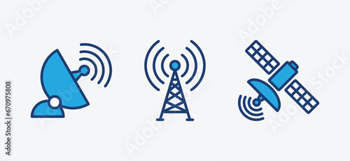 Satellite icon set. Satellite, antenna, wireless, satellite dish, signal transmitter icons symbol on white background. Vector illustration