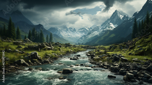 View of beautiful moody landscape in the Alps. generative ai