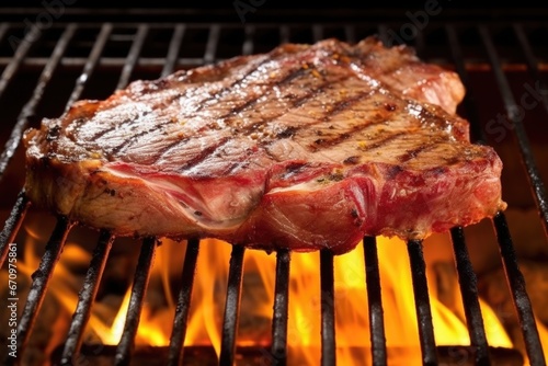 t-bone steak on a grill with flames underneath, showing the grilling process
