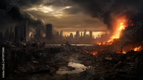 View of destruction city with fires and explosion over dramatic sky background. generative ai