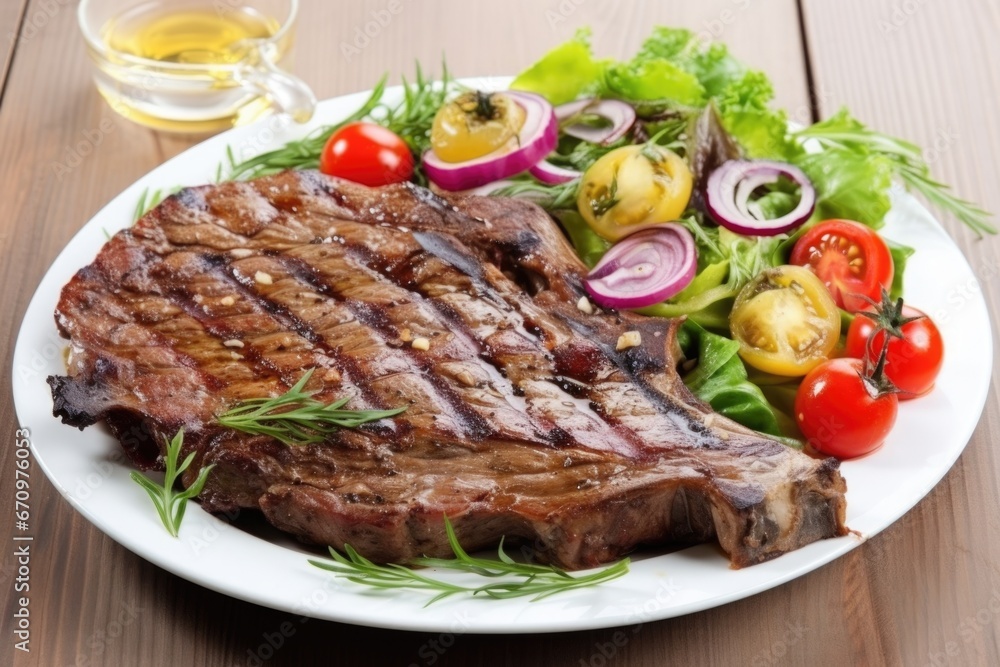 grilled t-bone steak with a side salad on a white plate grilled t-bone steak with a side salad on a white plate