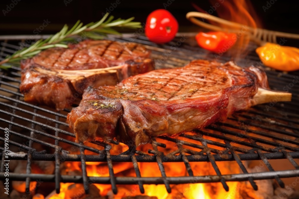 t-bone steak on a barbecue grill with glowing coals t-bone steak on a barbecue grill with glowing coals