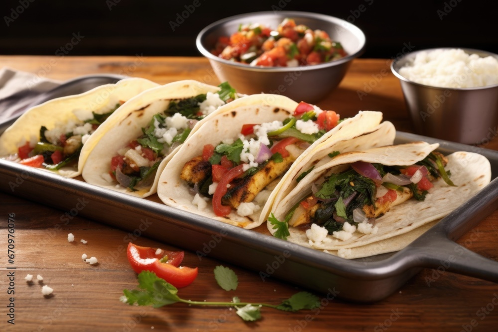 grilled veggie and queso fresco taco lined on a tray grilled veggie and queso fresco taco lined on a tray