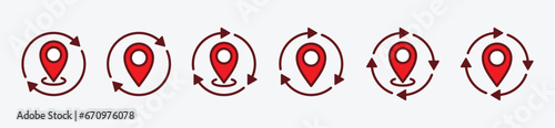 Location change icons. Sync map pin pointer icon. Replace, update location. Map pin marker exchange icon symbol on white background. Vector illustration