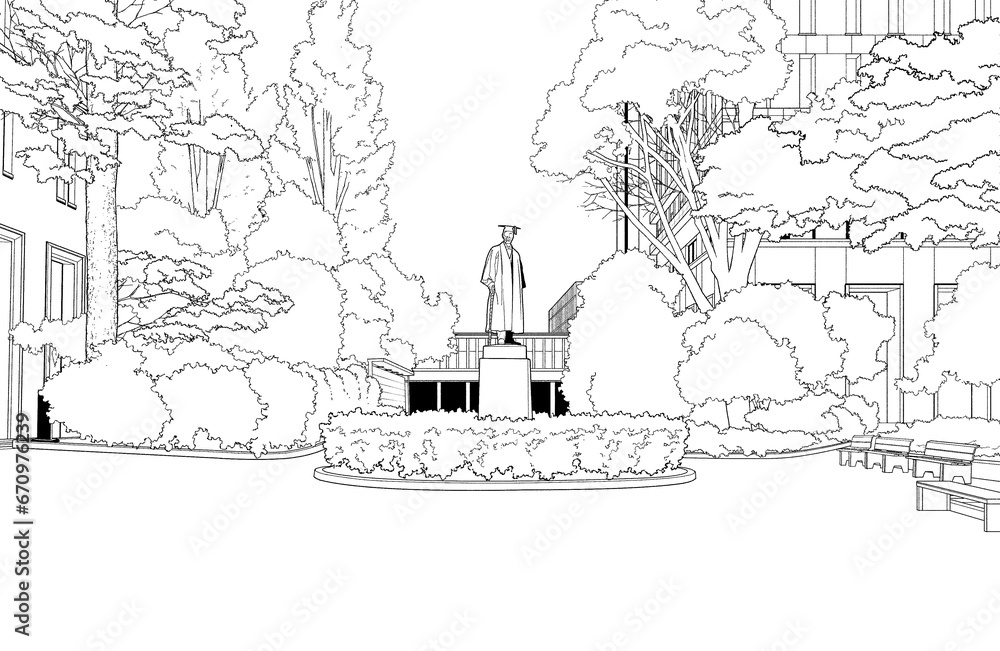 Fototapeta premium 漫画風ペン画イラスト 学校_大学