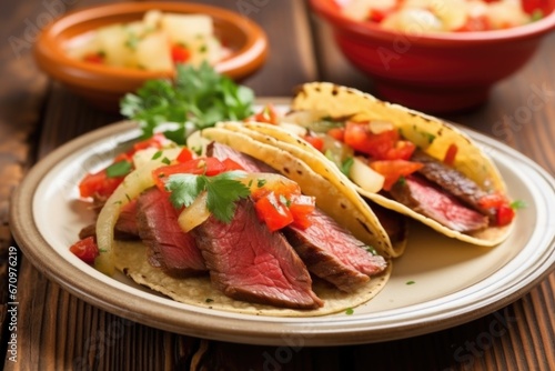 corn tortilla tacos with grilled steak on a porcelain plate