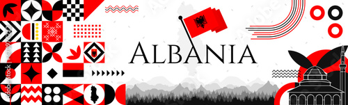 Albania Flag Day banner with name and map. Flag color themed Geometric abstract retro modern Design. White, red and black color vector illustration template graphic design.