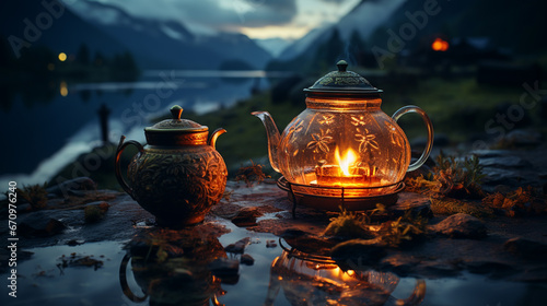 Vintage coffee pot on camping fire. Small kettle is heated bonfire travel mountains. generative ai