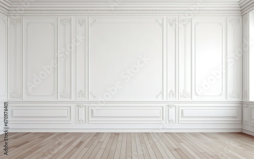 Empty room with white wall. Classic style moldings and wooden floor. Elegant interior background presentation.