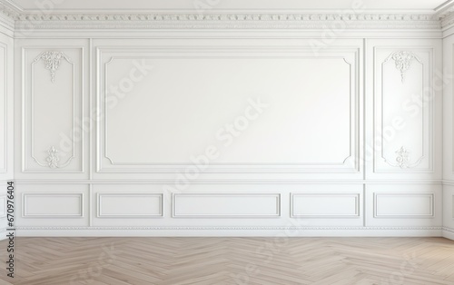 White wall with classic style moldings and wooden floor. Empty room. Minimalist interior background presentation. photo