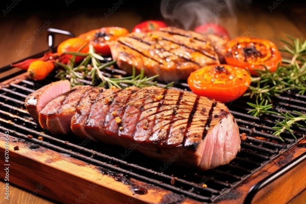 close-up of freshly grilled tuna steak on a board close-up of freshly grilled tuna steak on a board