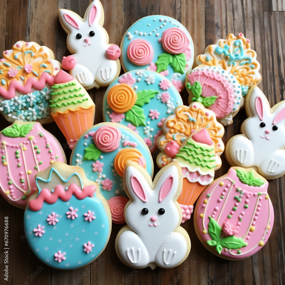Beautiful glazed Easter cookies on wooden table
