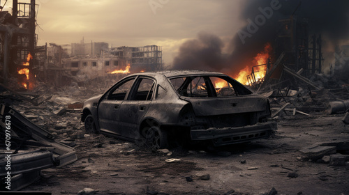 war torn city destroyed car burn out damage building destruction city war ruins city generative ai