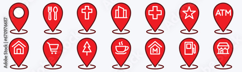 Public places map pin location icon set. Map pin markers with public places such as restaurants, houses, shops, apartments, hospitals, parks, cafes, places of worship. Vector illustration