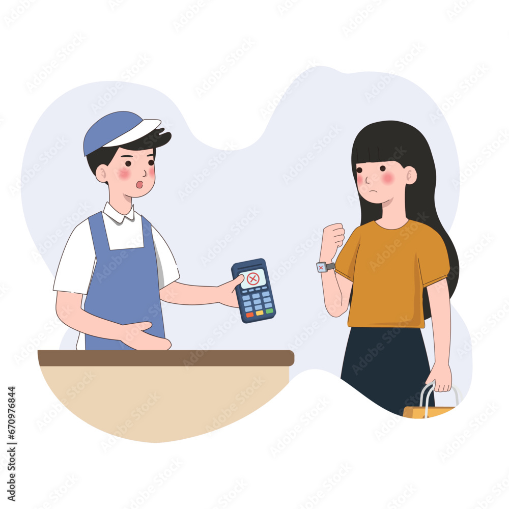 Payment failed. Customer use mobile cashless payment system or scan qr code. Characters using virtual credit card on smartwatch. Hand paying with POS terminals and NFC technology. vector illustration Payment failed. Customer use mobile cashless payment system or scan qr code. Characters using virtual credit card on smartwatch. Hand paying with POS terminals and NFC technology. vector illustration