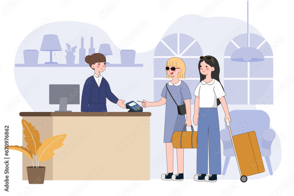 Customer pay with credit card and POS terminal in hotel. check out with a credit card. Cashless contactless payment NFC banking system. Wireless transaction. vector illustration Customer pay with credit card and POS terminal in hotel. check out with a credit card. Cashless contactless payment NFC banking system. Wireless transaction. vector illustration